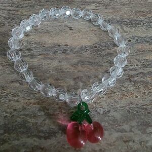 Clear Beaded Bracelet with Cherry Charm